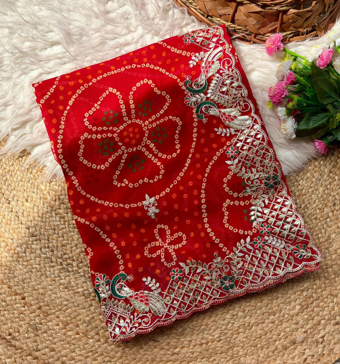 Red Bandhani Georgette Saree With Gota Patti Work 7 A beautiful red Bandhani georgette saree with intricate gota patti work paired with a contrast green blouse on a textured background.