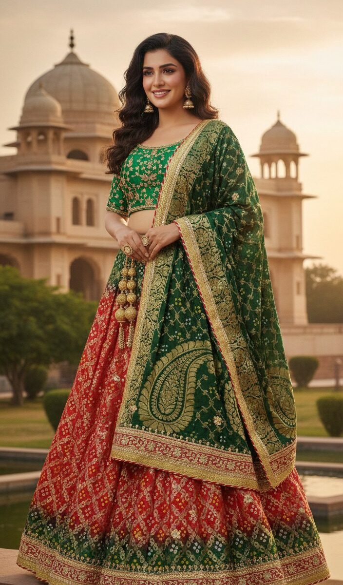 A smiling woman wearing a red and green Bandhej Banarasi Ghadchola lehenga with heavy Gota Patti work in front of a palace.