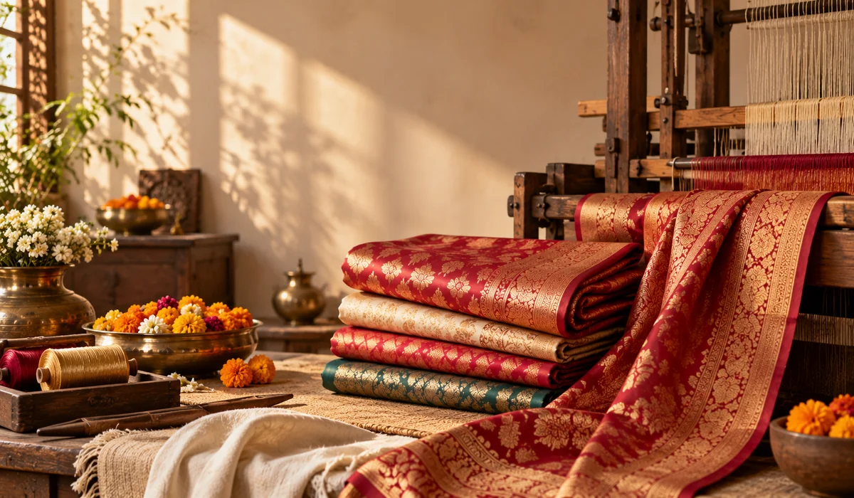 Stack of folded red and gold silk sarees in a traditional workshop