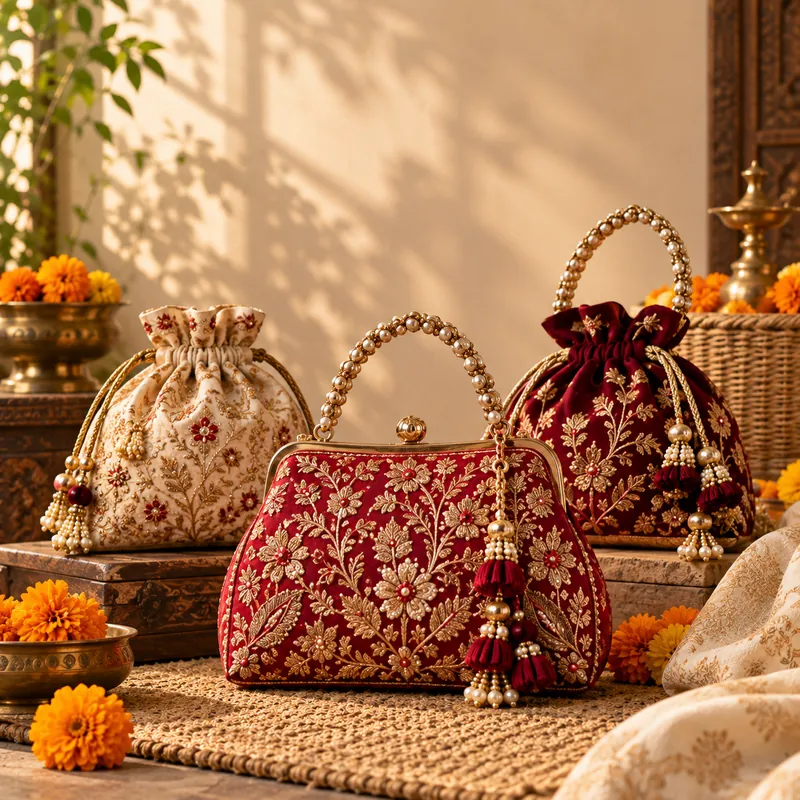 Red silk potli bag with gold embroidery and pearl handle