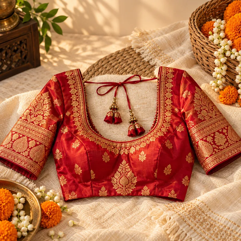 Red Banarasi silk blouse with gold brocade work