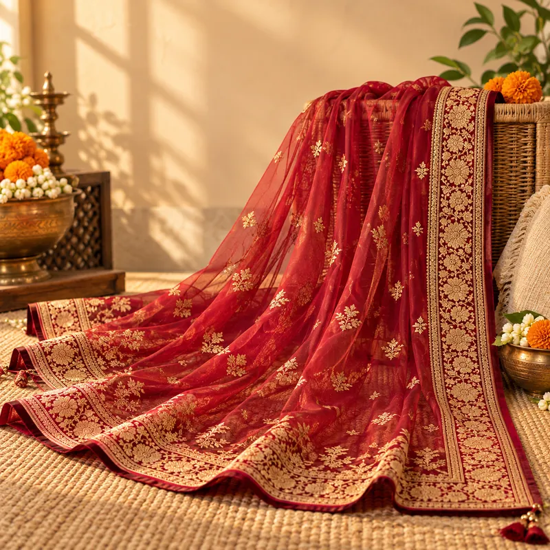 Red and gold Banarasi dupatta draped on wooden stand