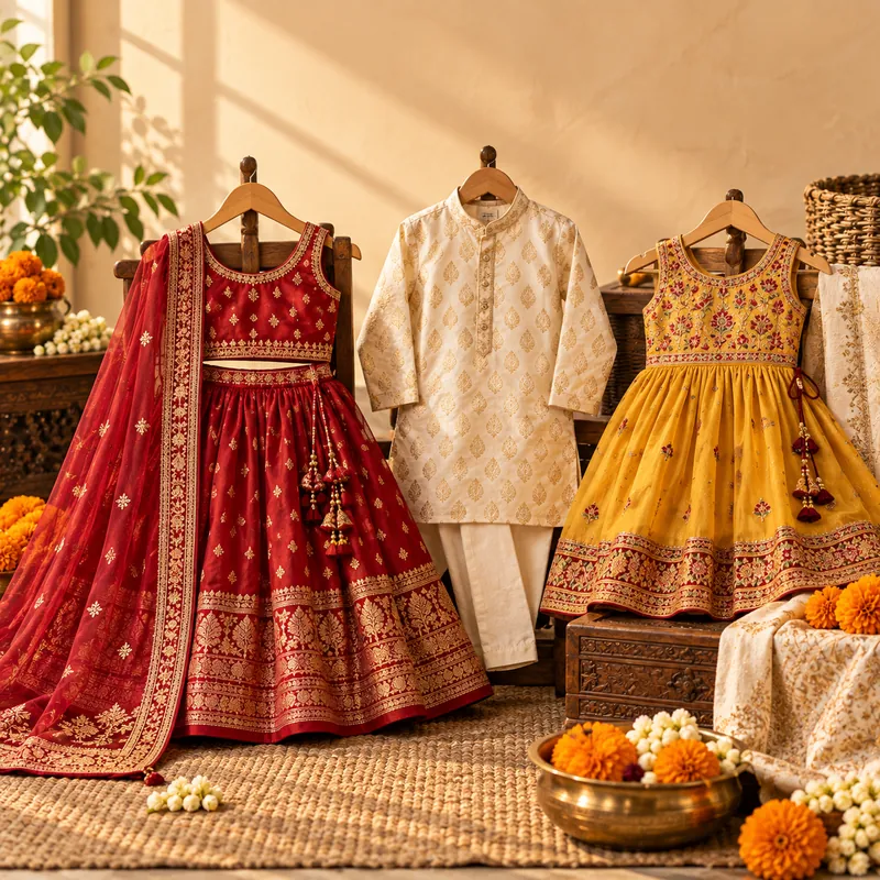 Young girl wearing red and gold festive lehenga