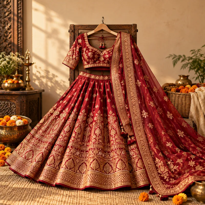 Red bridal lehenga with gold zari work on display