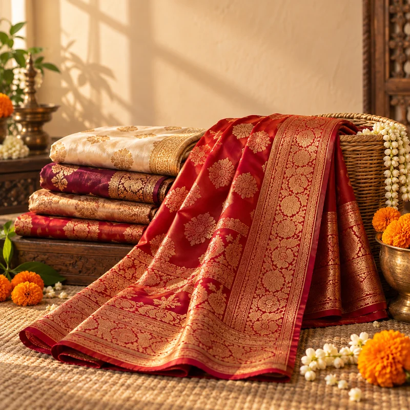 Red and gold silk saree draped over woven basket
