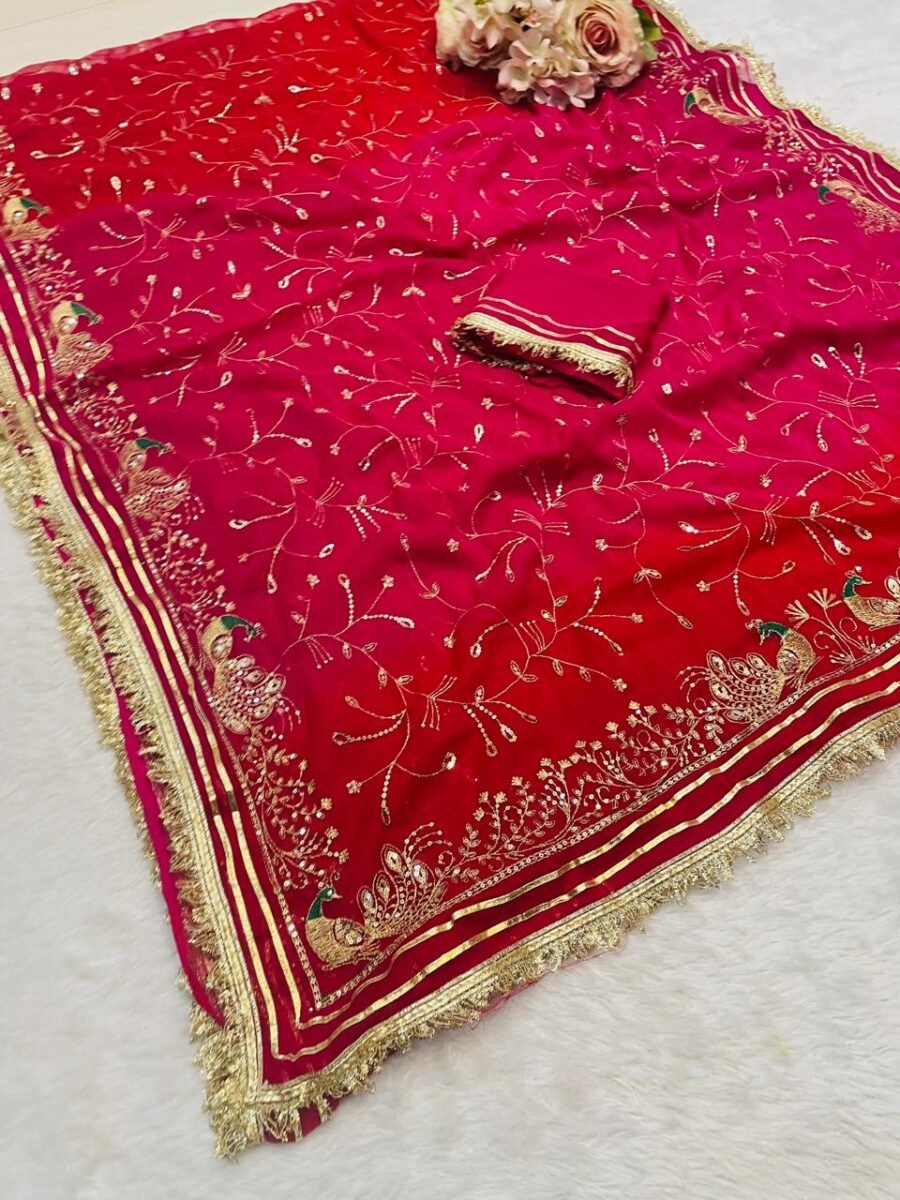 A beautiful multi-color Chiffon Shimar saree with detailed gold jaal embroidery and a traditional Gota Patti border.