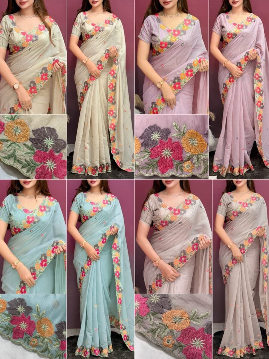 A collage showing multiple views of a coral chiffon saree with intricate multi-colored floral embroidery and scalloped border details.