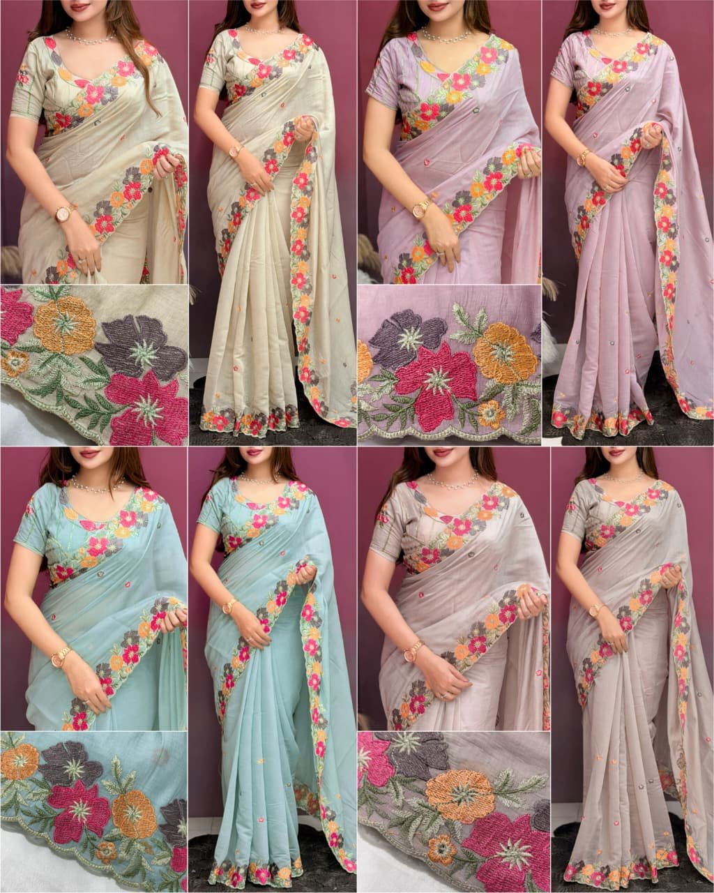 Coral Chiffon Saree with Kashmiri Thread Embroidery 1 A collage showing multiple views of a coral chiffon saree with intricate multi-colored floral embroidery and scalloped border details.