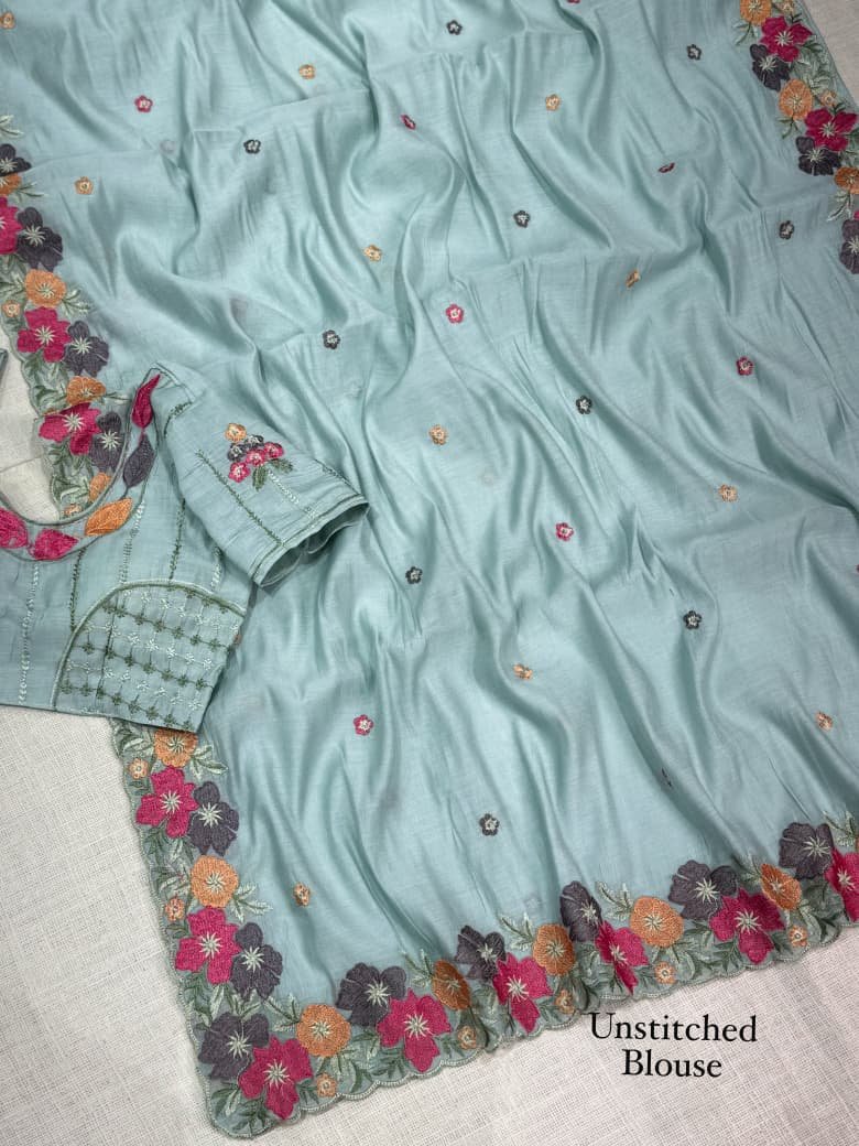 Coral Chiffon Saree with Kashmiri Thread Embroidery 10 A collage showing multiple views of a coral chiffon saree with intricate multi-colored floral embroidery and scalloped border details.