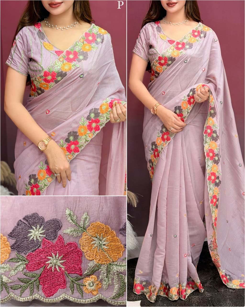 Coral Chiffon Saree with Kashmiri Thread Embroidery 2 A collage showing multiple views of a coral chiffon saree with intricate multi-colored floral embroidery and scalloped border details.