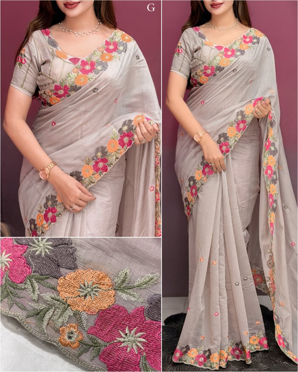 Coral Chiffon Saree with Kashmiri Thread Embroidery 3 A collage showing multiple views of a coral chiffon saree with intricate multi-colored floral embroidery and scalloped border details.
