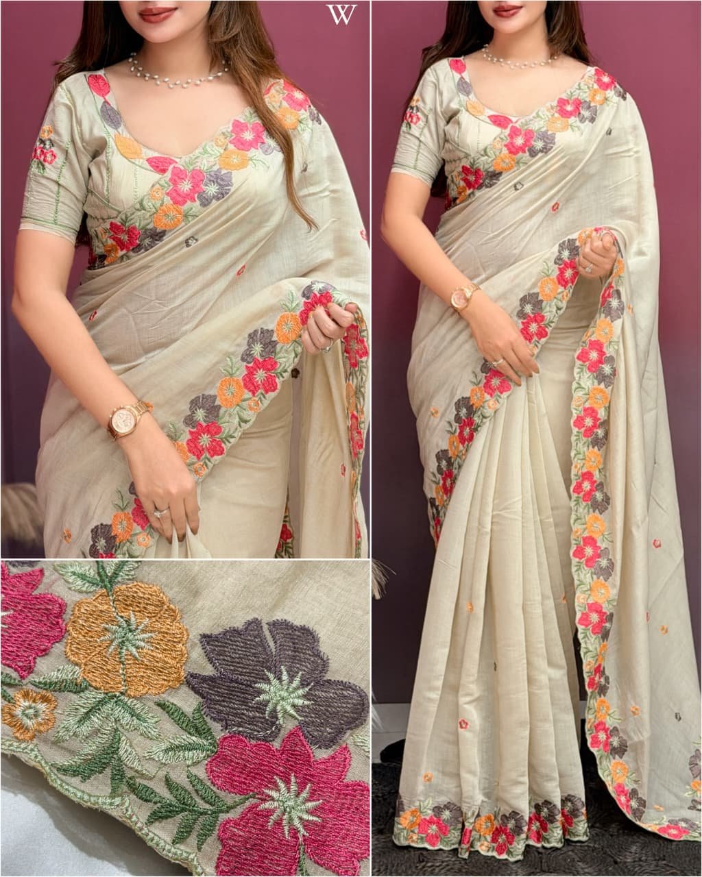 Coral Chiffon Saree with Kashmiri Thread Embroidery 4 A collage showing multiple views of a coral chiffon saree with intricate multi-colored floral embroidery and scalloped border details.
