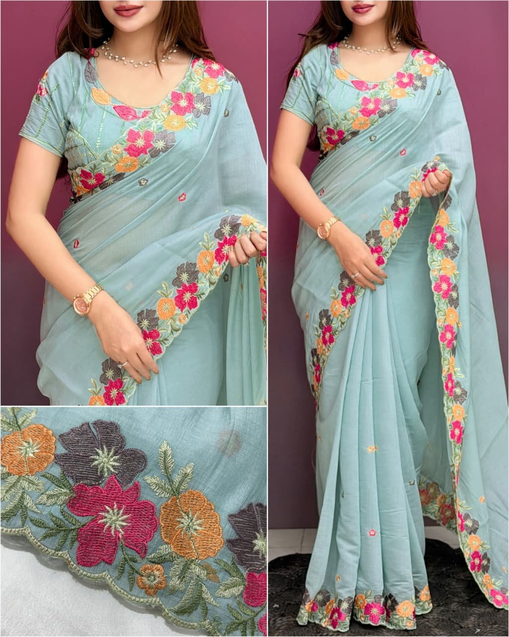 Coral Chiffon Saree with Kashmiri Thread Embroidery 5 A collage showing multiple views of a coral chiffon saree with intricate multi-colored floral embroidery and scalloped border details.