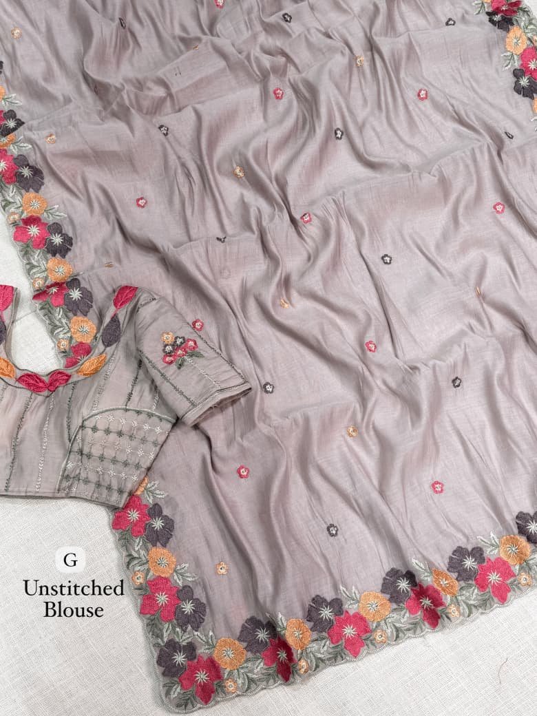 Coral Chiffon Saree with Kashmiri Thread Embroidery 7 A collage showing multiple views of a coral chiffon saree with intricate multi-colored floral embroidery and scalloped border details.