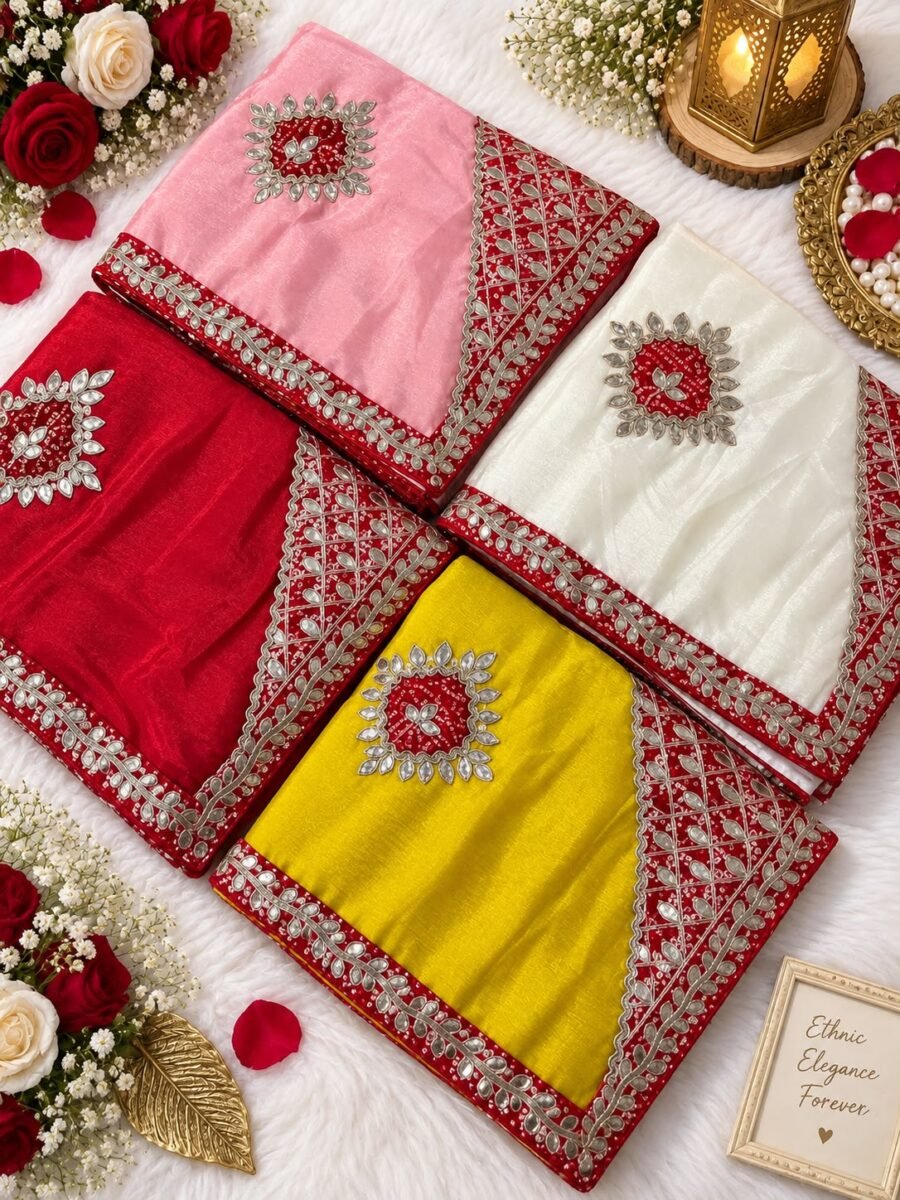 Four vibrant Chinon Bandhej sarees in pink, red, white, and yellow displayed with heavy Gota Patti work and matching blouses.