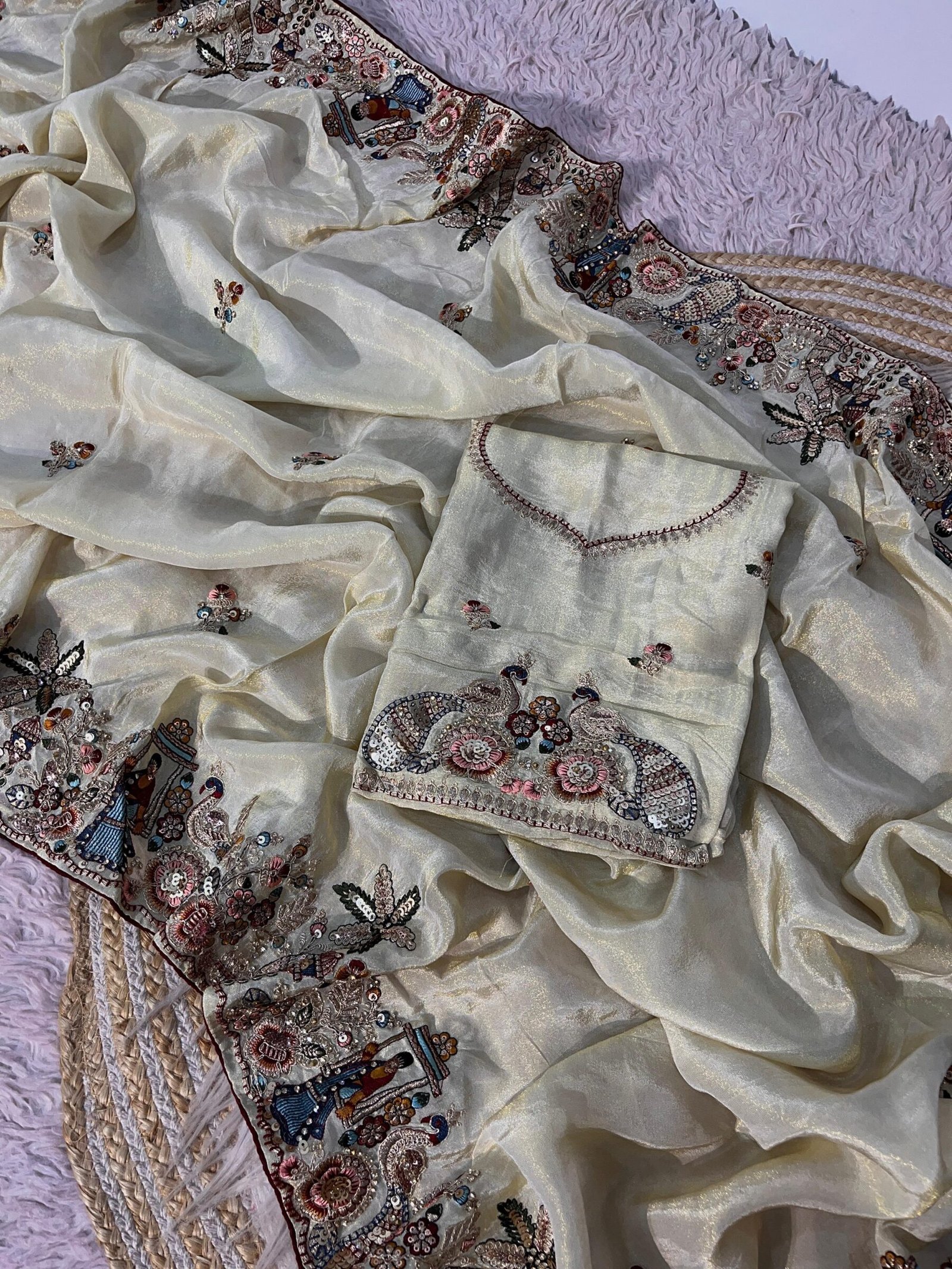 Cosmos Silk Designer Saree with Heavy Thread Embroidery 3 A beautiful Cosmos Silk saree featuring heavy thread embroidery and sequin work with colorful swing and palm tree motifs, presented in packaging.