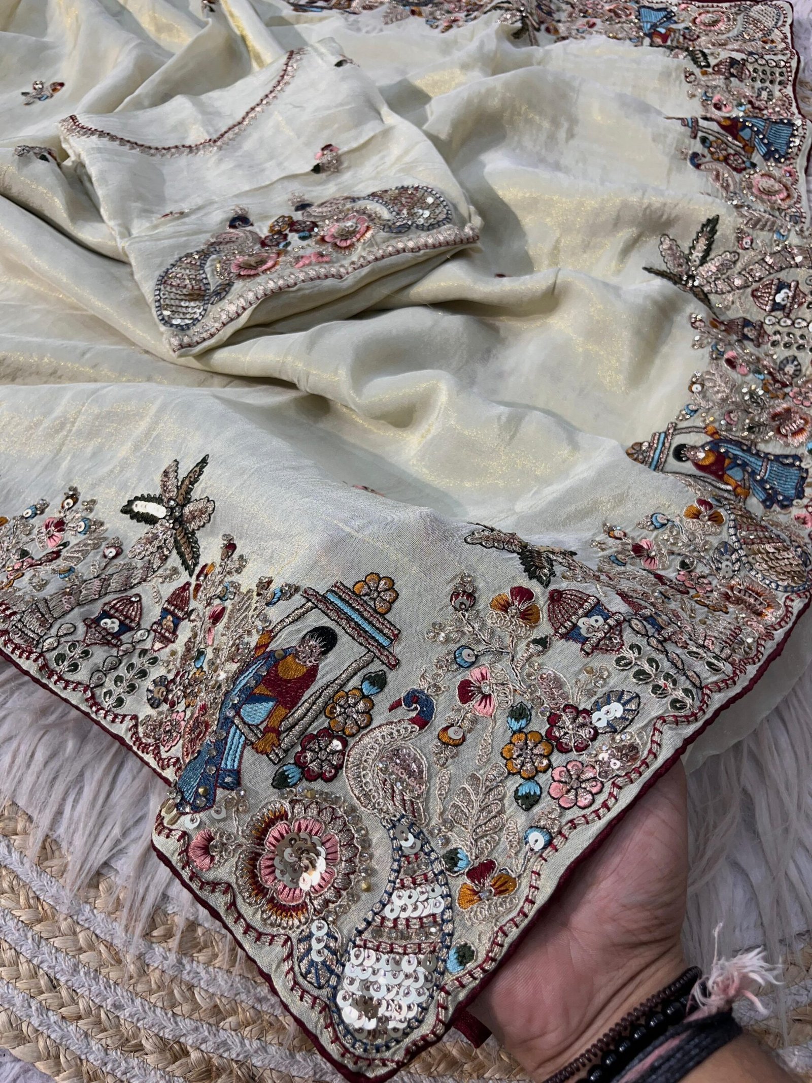 Cosmos Silk Designer Saree with Heavy Thread Embroidery 4 A beautiful Cosmos Silk saree featuring heavy thread embroidery and sequin work with colorful swing and palm tree motifs, presented in packaging.