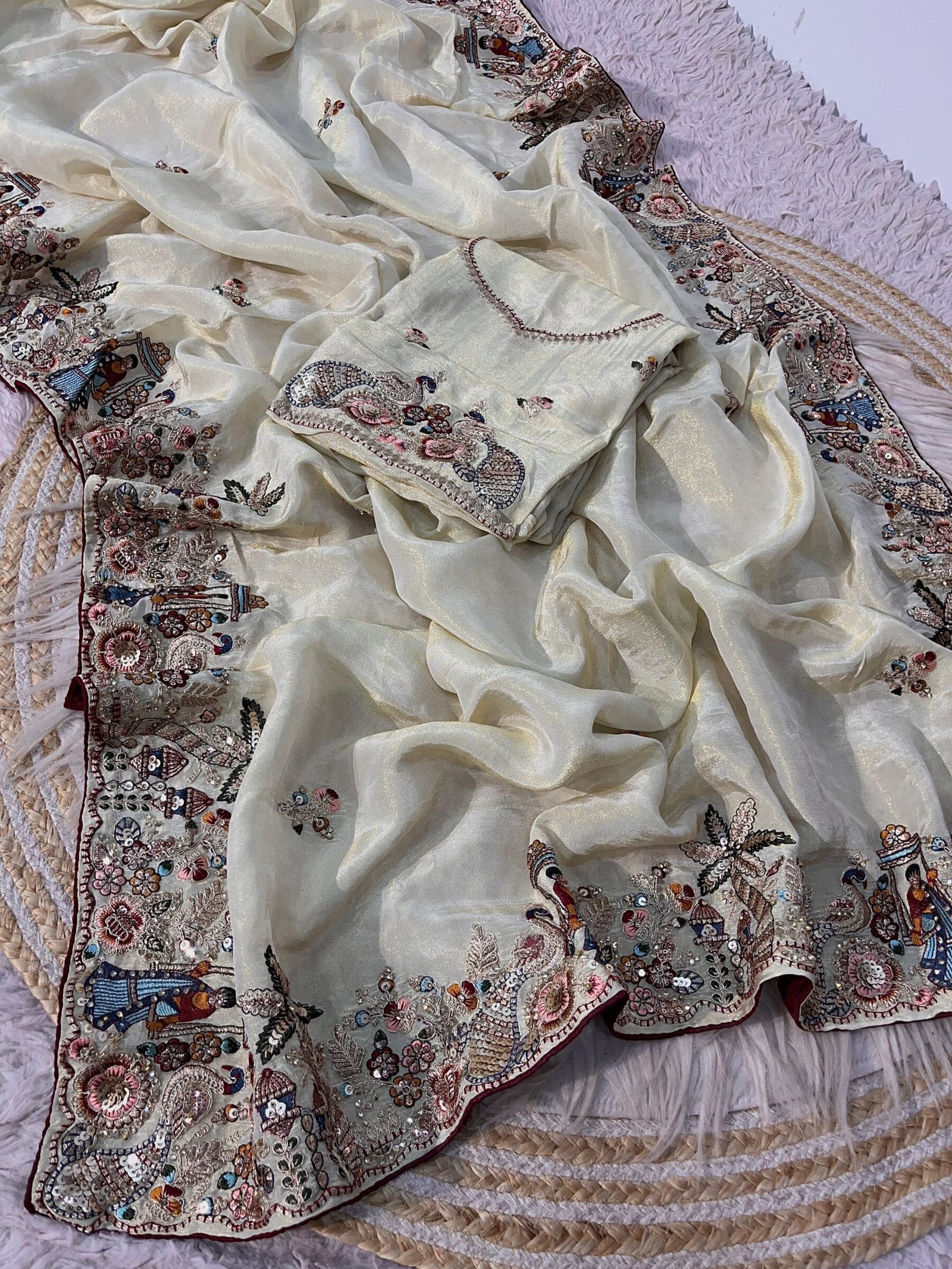 Cosmos Silk Designer Saree with Heavy Thread Embroidery 5 A beautiful Cosmos Silk saree featuring heavy thread embroidery and sequin work with colorful swing and palm tree motifs, presented in packaging.