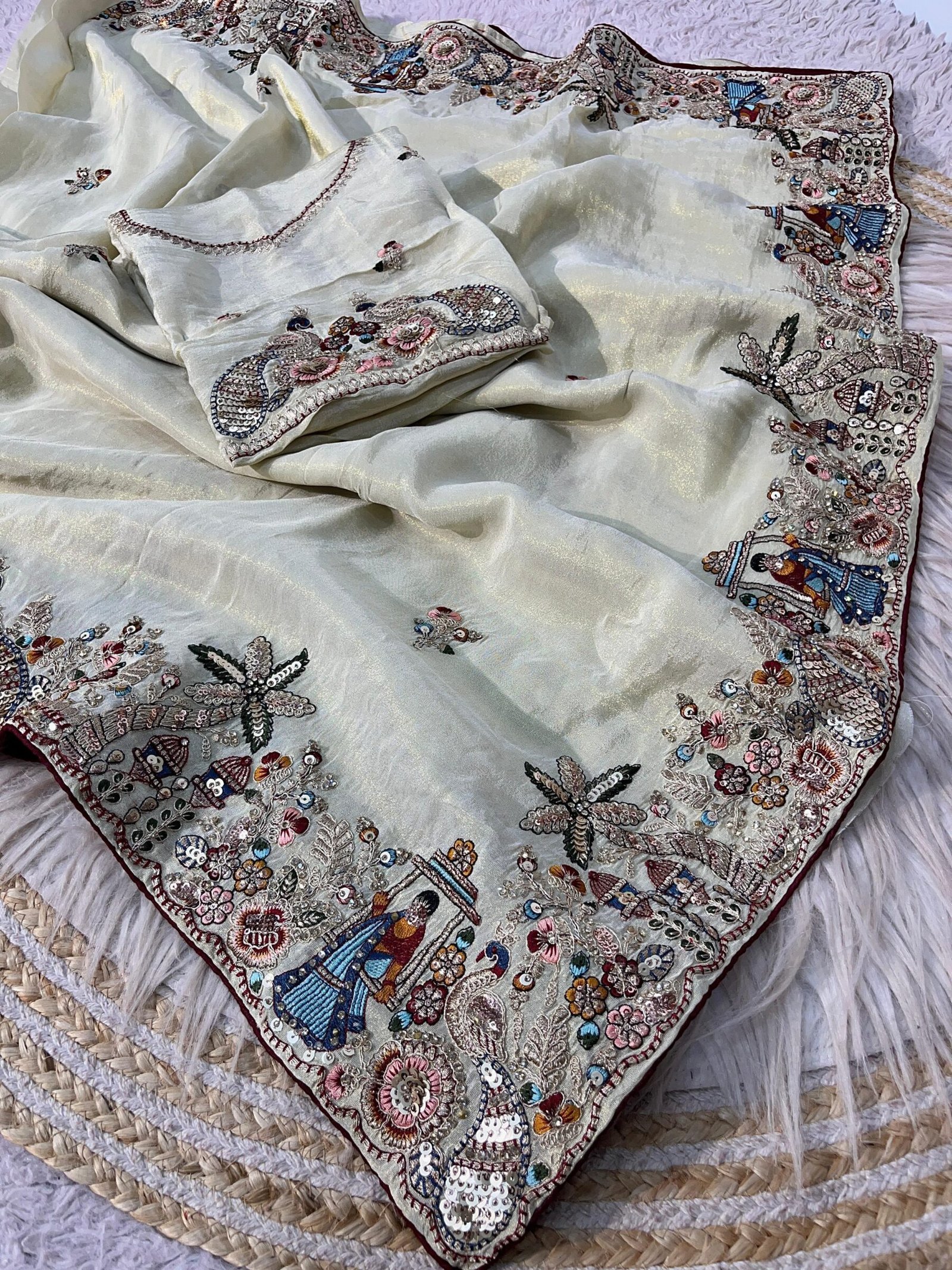 Cosmos Silk Designer Saree with Heavy Thread Embroidery 6 A beautiful Cosmos Silk saree featuring heavy thread embroidery and sequin work with colorful swing and palm tree motifs, presented in packaging.
