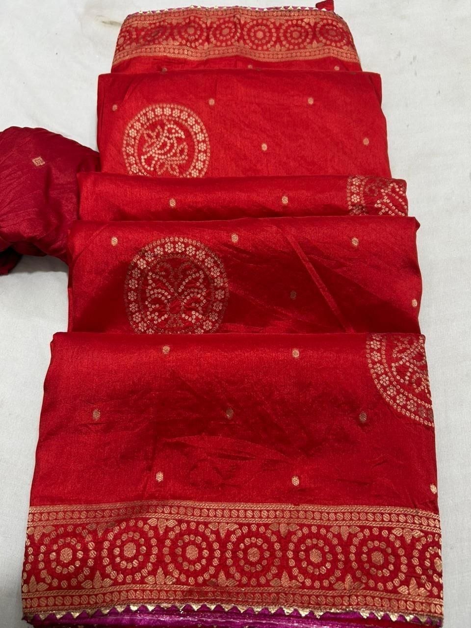 Deep Purple Dola Silk Zari Work Saree | Kanha Saree 10 A flat-lay view of a deep purple Dola silk saree featuring gold zari work and a contrasting red blouse piece.