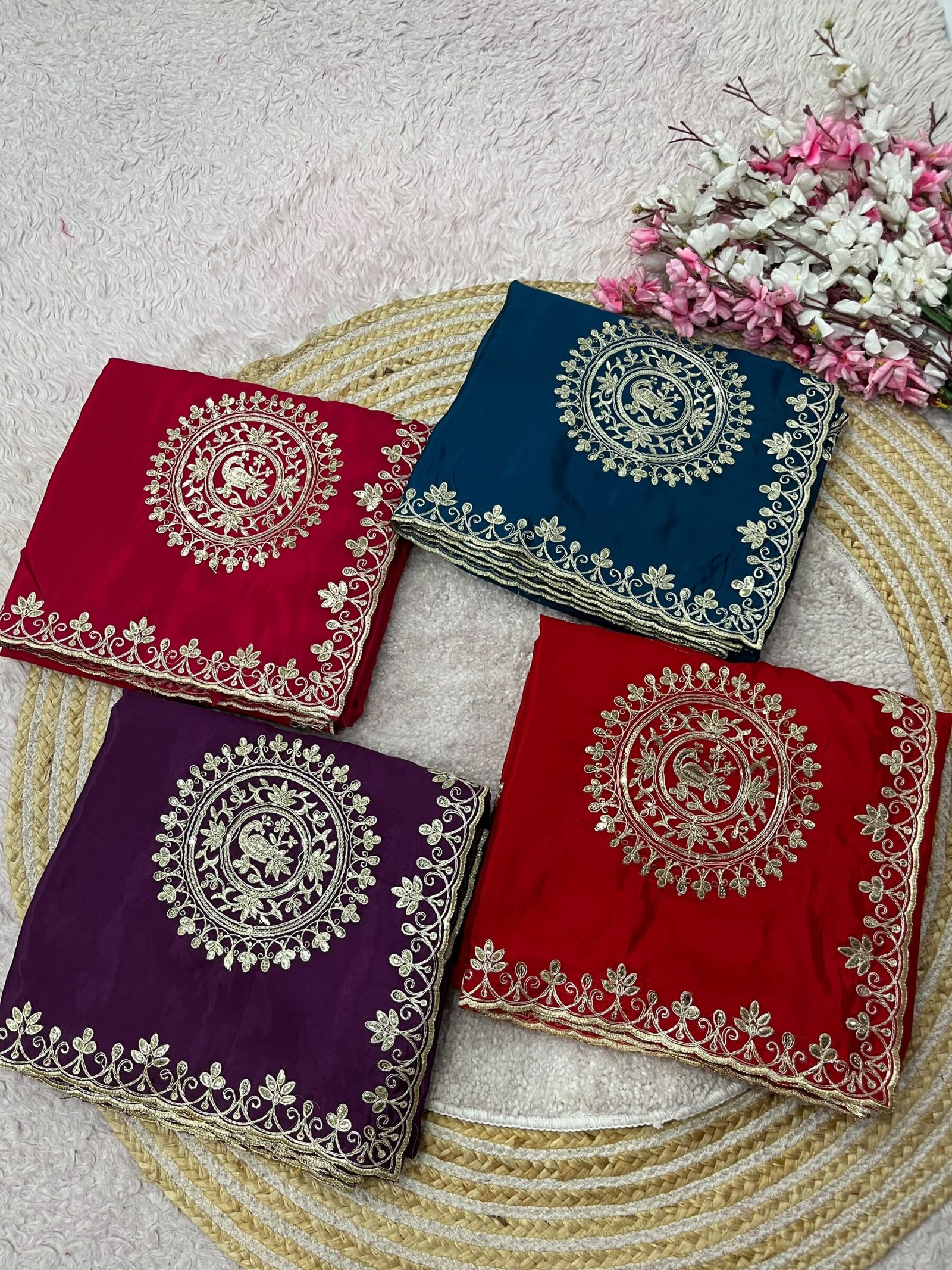 H.O Silk Gota Patti Saree 10 Four folded H.O silk sarees in blue, purple, and red displayed on a round woven mat with white and pink flowers.