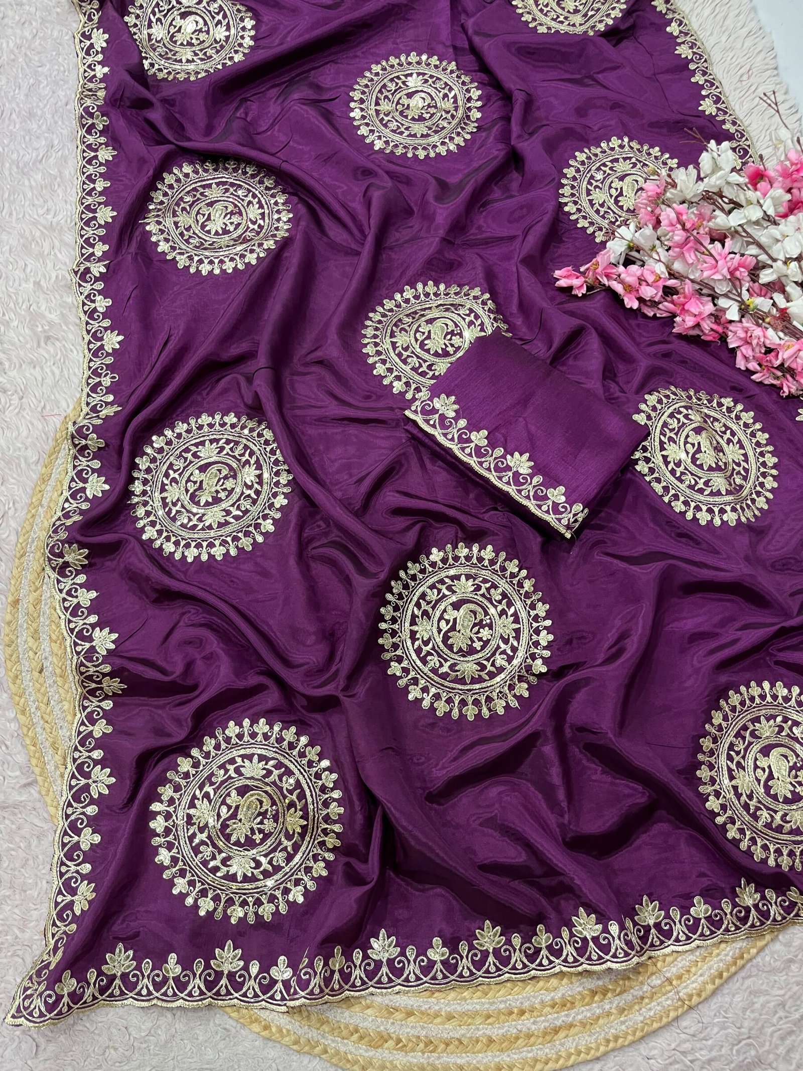 H.O Silk Gota Patti Saree 6 Four folded H.O silk sarees in blue, purple, and red displayed on a round woven mat with white and pink flowers.