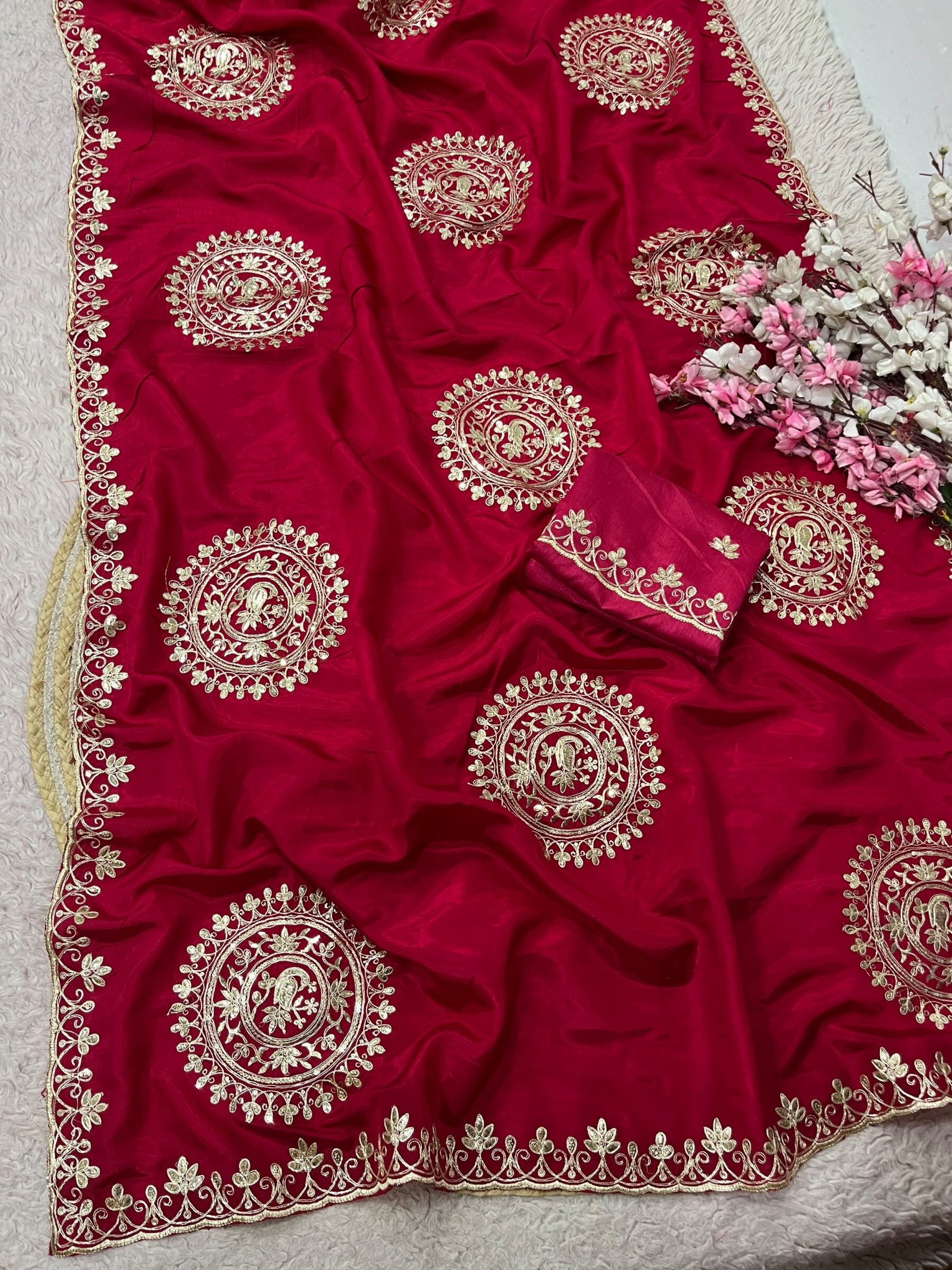 H.O Silk Gota Patti Saree 7 Four folded H.O silk sarees in blue, purple, and red displayed on a round woven mat with white and pink flowers.