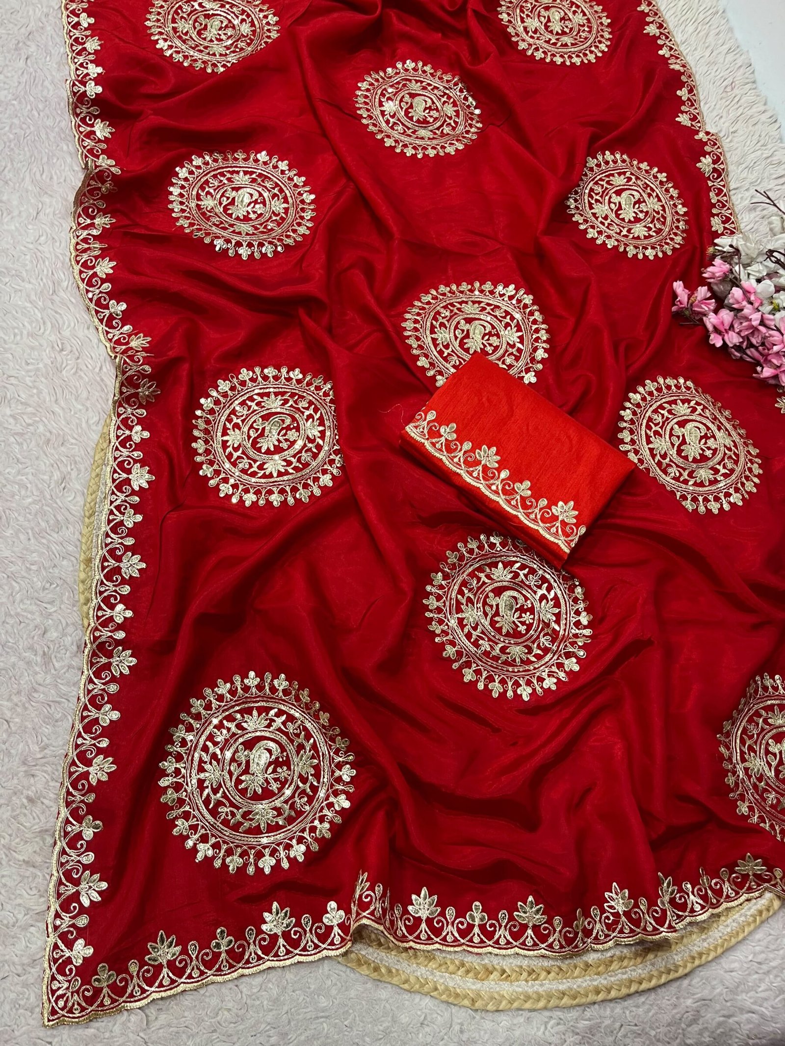 H.O Silk Gota Patti Saree 8 Four folded H.O silk sarees in blue, purple, and red displayed on a round woven mat with white and pink flowers.