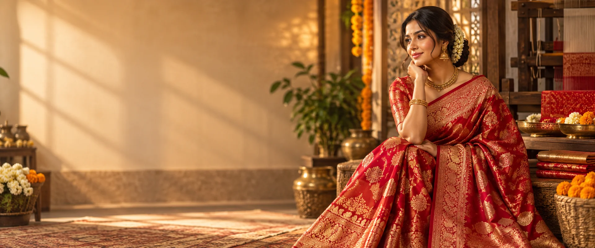 Woman wearing red and gold Banarasi silk saree