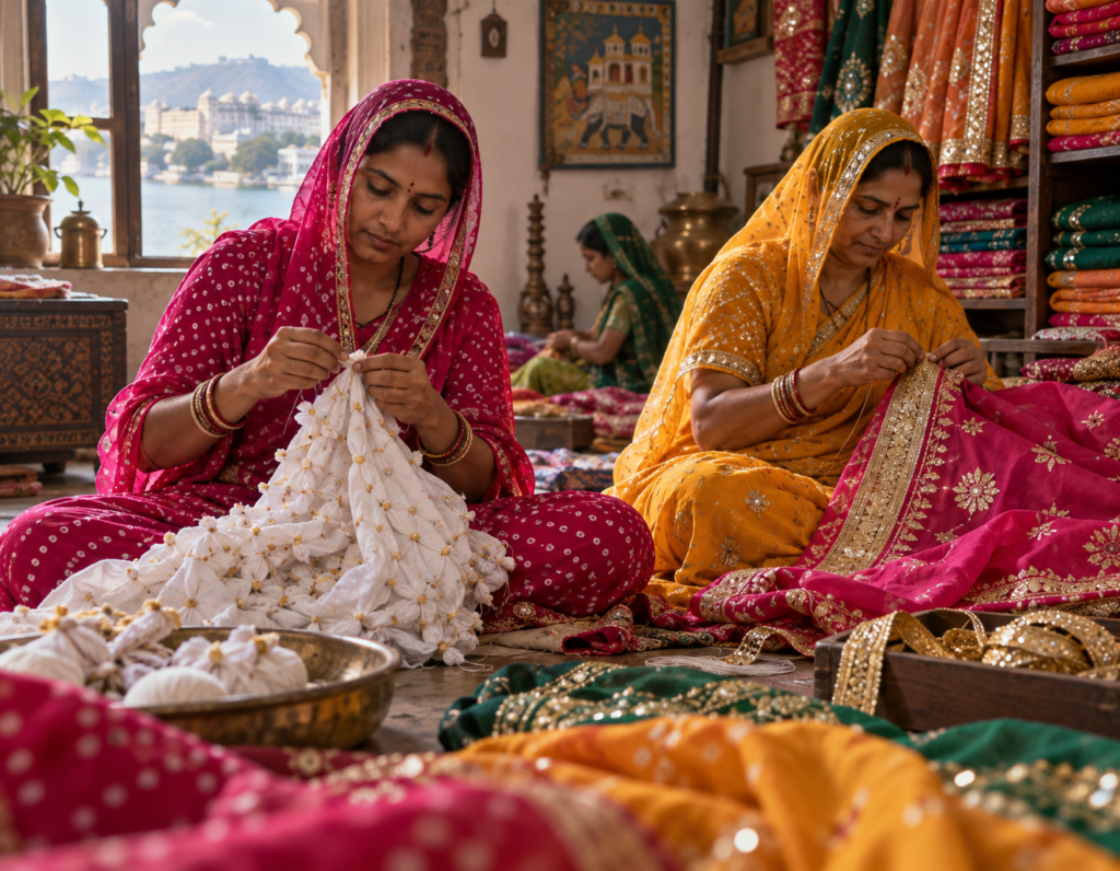 Rajasthani artisans hand-making gotapatti and bandhani
