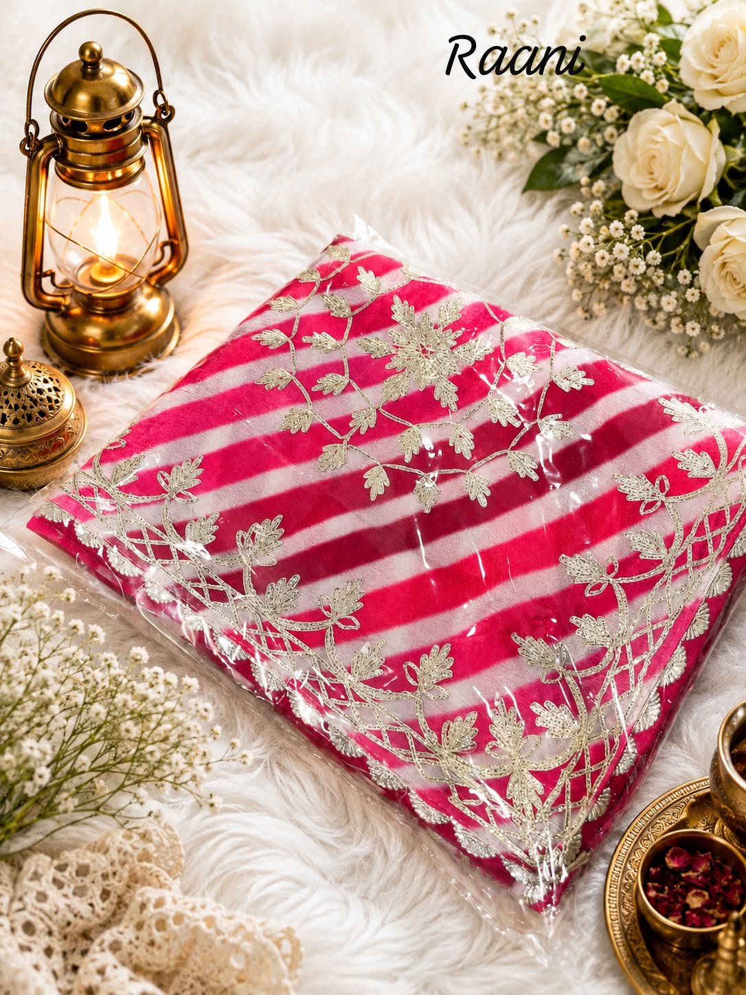 Chinon Leheriya Saree with Kacchi Gotapatti Work 4 Three folded Leheriya sarees in vibrant colors with Kacchi Gotapatti work placed near a vintage lantern and white roses.