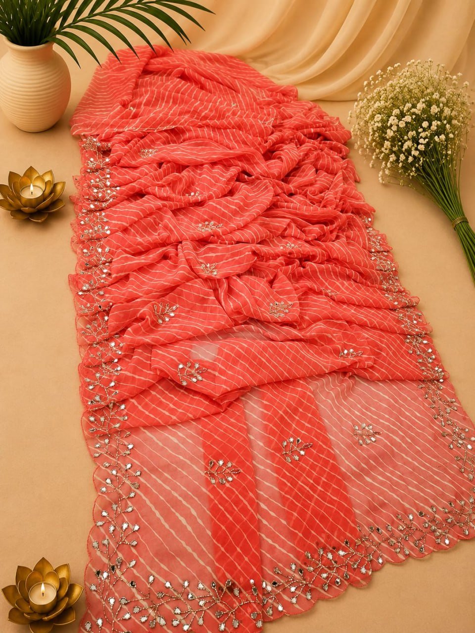 Fancy Multi Leheriya Georgette Saree with Mirror Work 2 A beautiful multi-colored Leheriya Georgette Saree displayed with mirror work and a cut work border, accompanied by floral accents and candles.