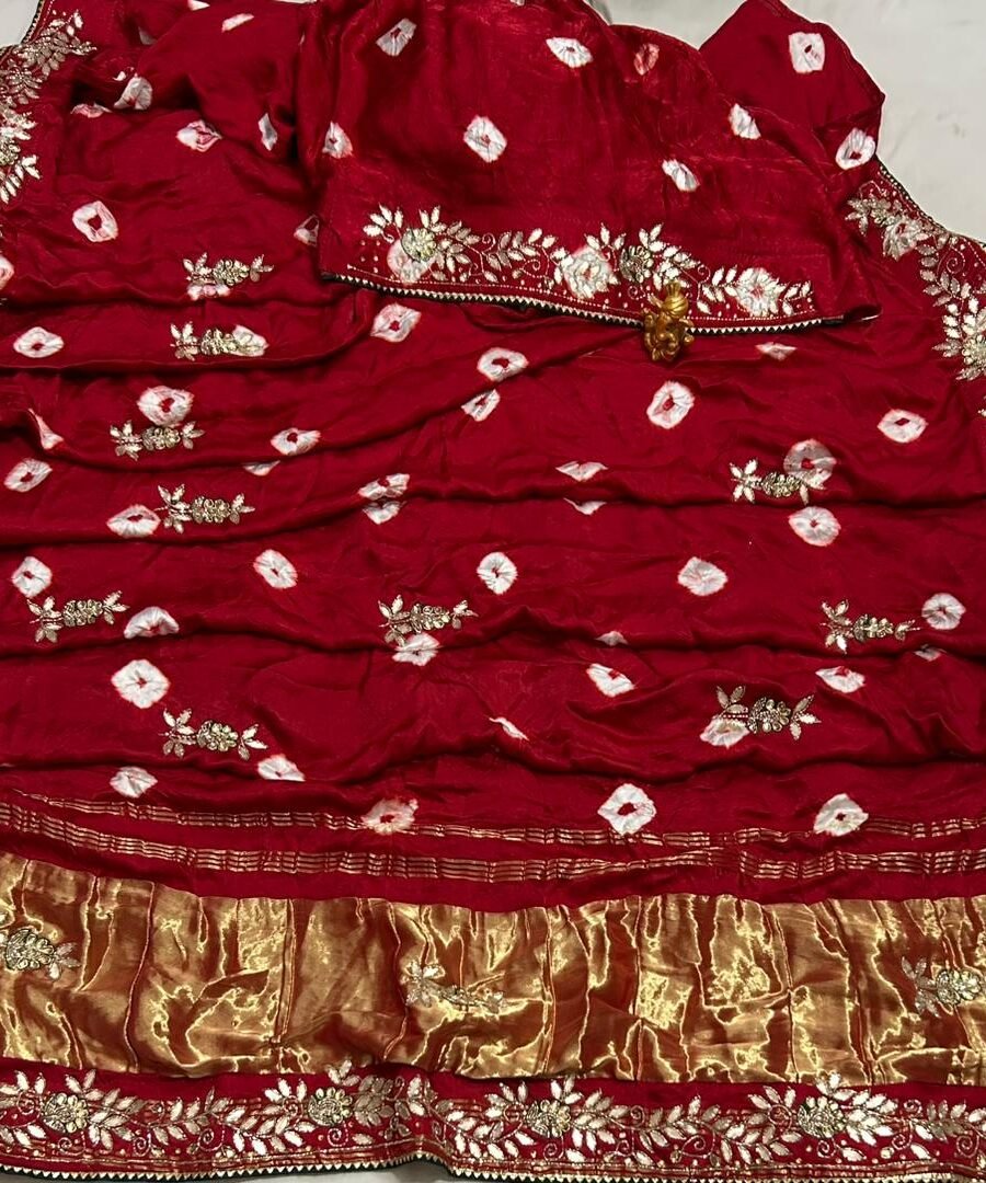 A beautiful red Pure Modal Gajji Silk saree featuring intricate handwork embroidery and classic hand Bandhej patterns.