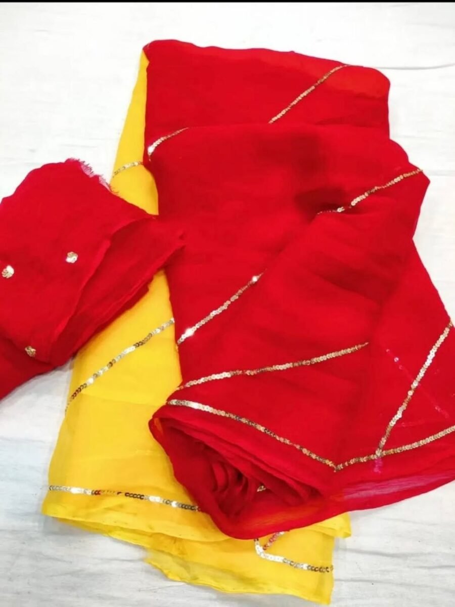 A beautiful dual-tone red and yellow Nazneen Chiffon saree featuring elegant sequin detailing.