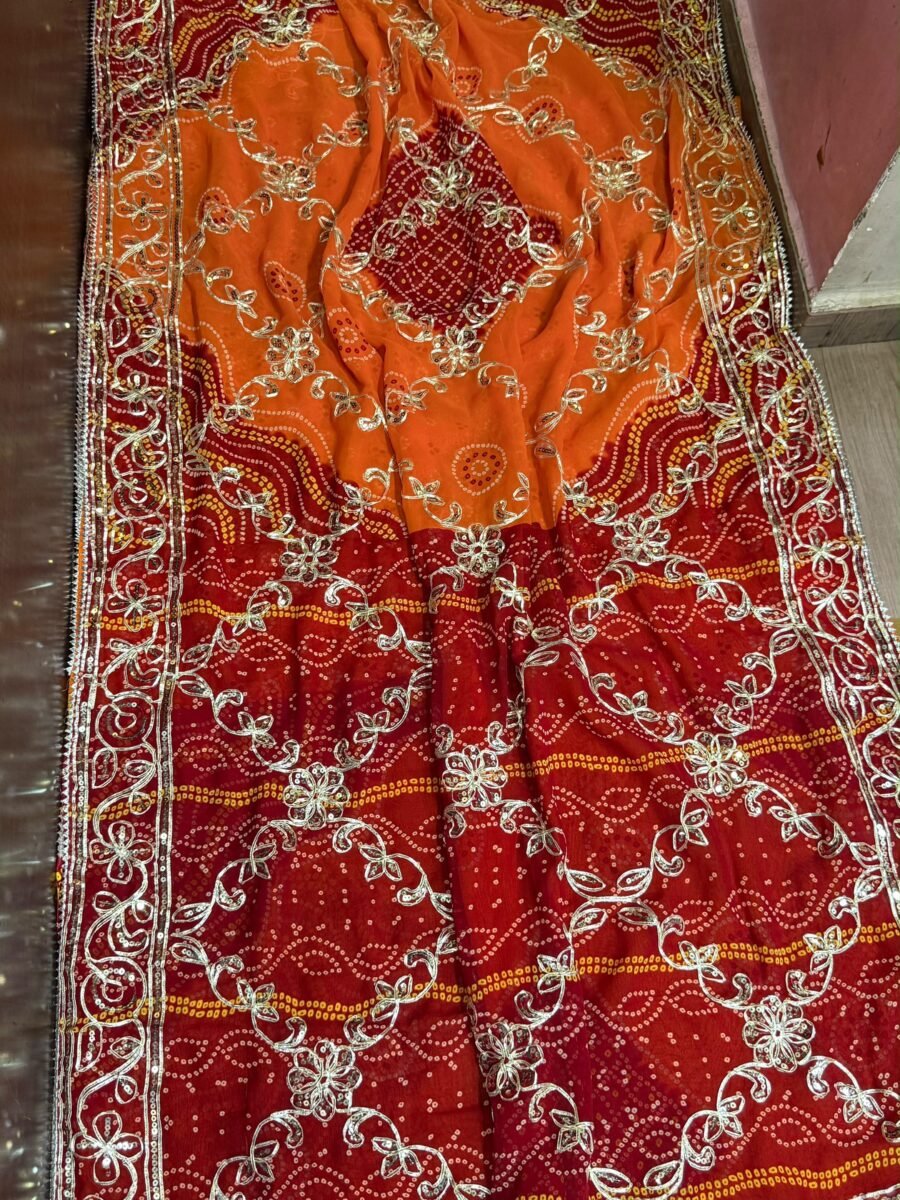 A beautiful Piliya Chunari saree in pure Georgette fabric with intricate Gota Patti jaal work and a decorated border.