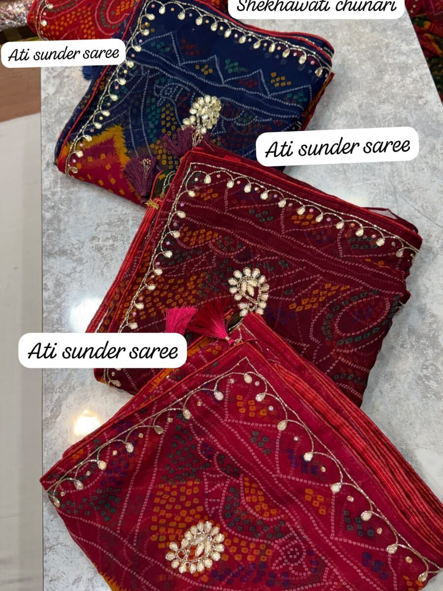 A collection of royal georgette Shekhawati Chunari sarees featuring Bandhej print and hand-dabka gota work borders.