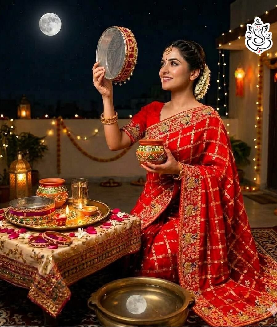 A woman in a red silk saree with pittawork poses while looking through a sieve during a festive occasion.