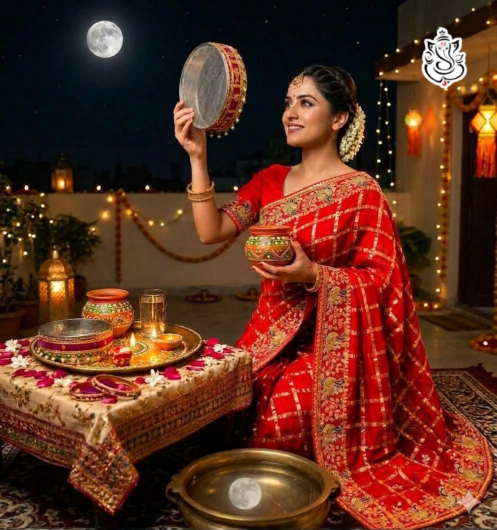 Soft Viscos Silk Saree with Traditional Pittawork 1 A woman in a red silk saree with pittawork poses while looking through a sieve during a festive occasion.