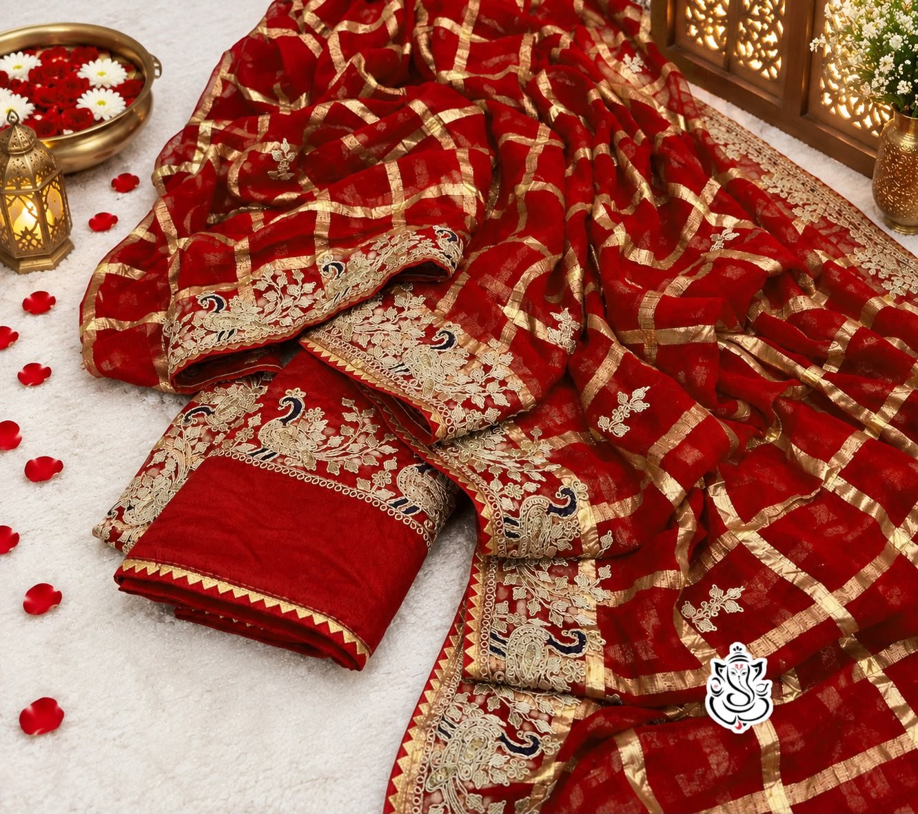 Soft Viscos Silk Saree with Traditional Pittawork 2 A woman in a red silk saree with pittawork poses while looking through a sieve during a festive occasion.