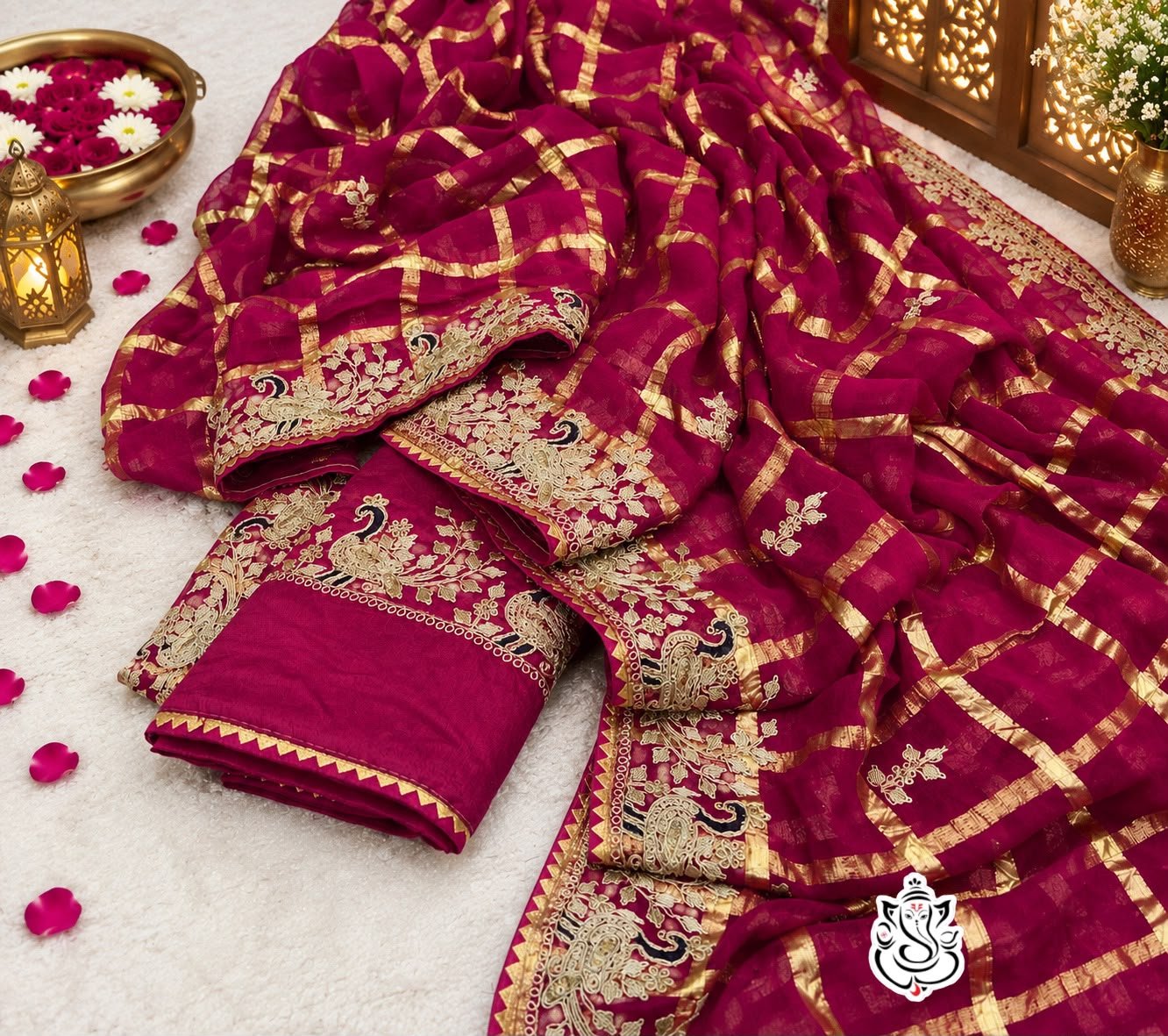 Soft Viscos Silk Saree with Traditional Pittawork 3 A woman in a red silk saree with pittawork poses while looking through a sieve during a festive occasion.