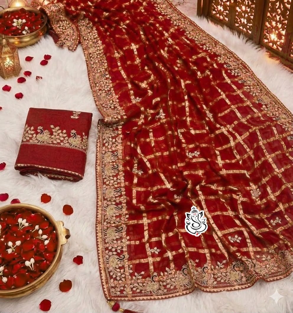 Soft Viscos Silk Saree with Traditional Pittawork 4 A woman in a red silk saree with pittawork poses while looking through a sieve during a festive occasion.