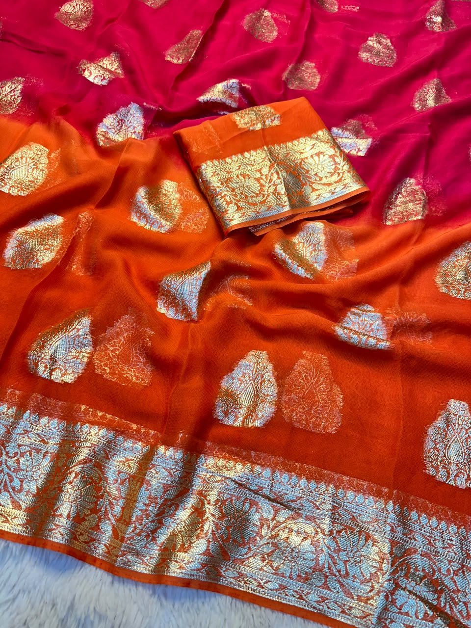 Viscose Georgette Saree With Zari Work for Karwachauth 2 A beautiful collection of Viscose Georgette sarees featuring vibrant colours and traditional gold Zari work borders.