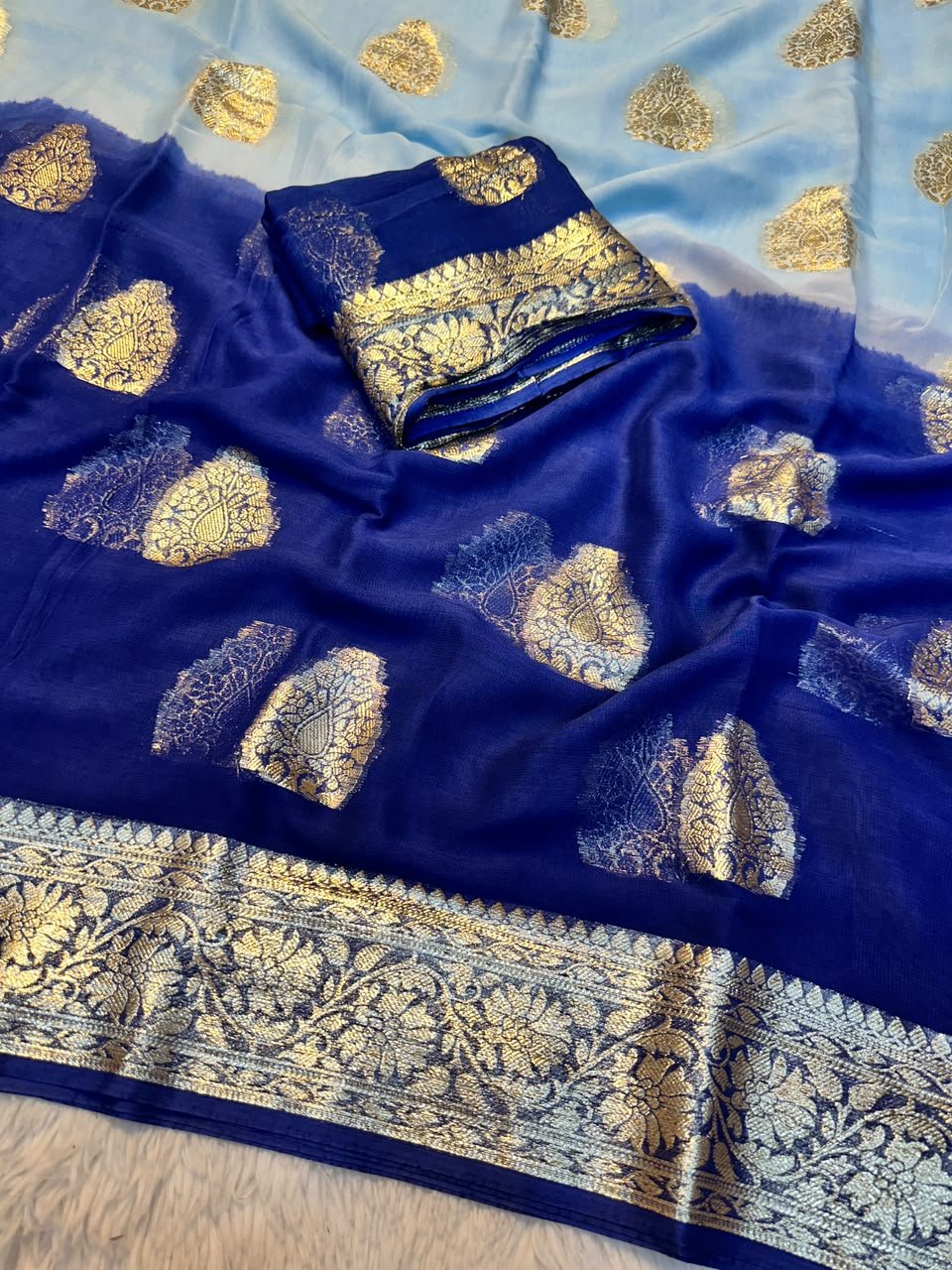 Viscose Georgette Saree With Zari Work for Karwachauth 3 A beautiful collection of Viscose Georgette sarees featuring vibrant colours and traditional gold Zari work borders.