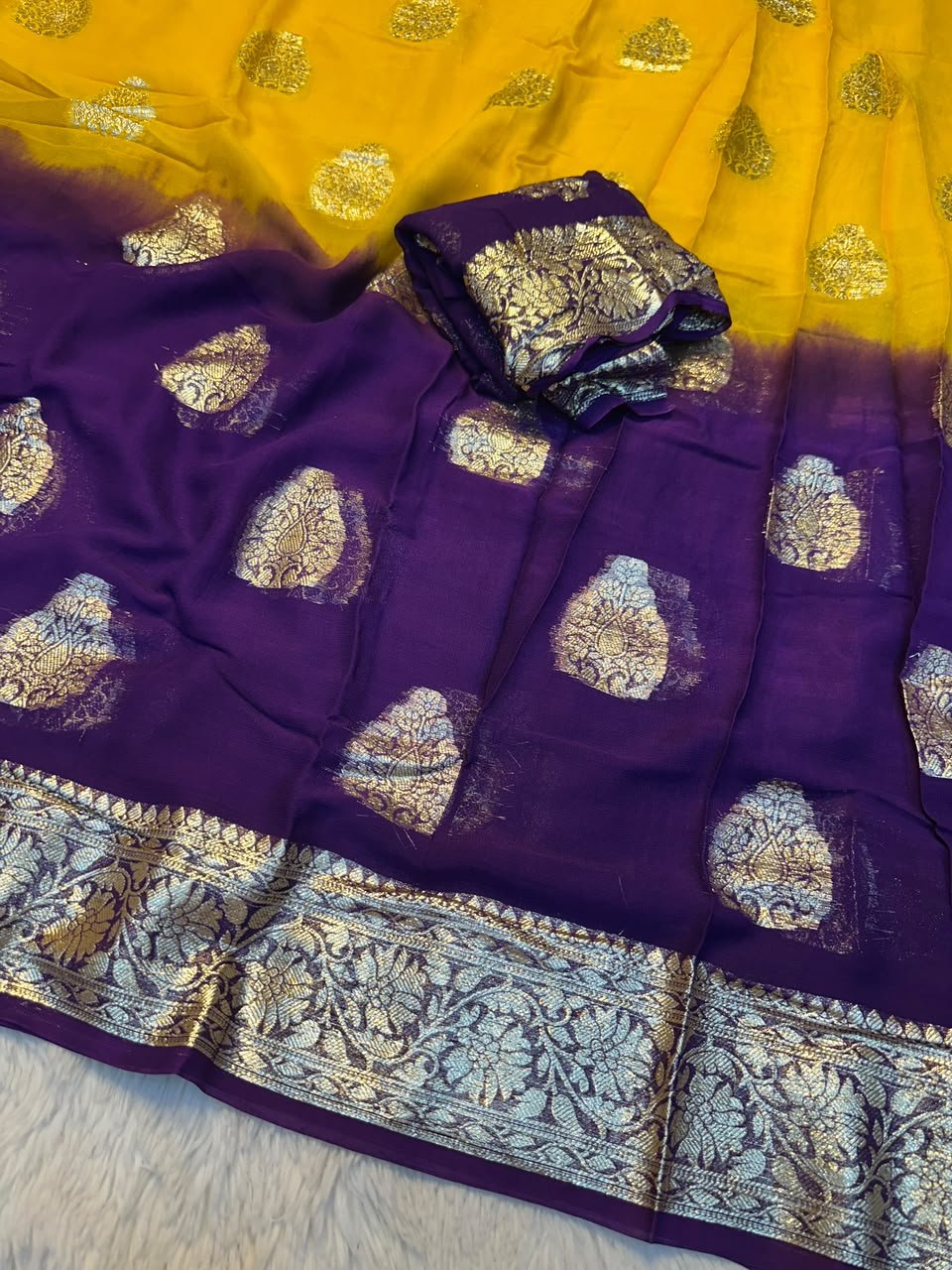 Viscose Georgette Saree With Zari Work for Karwachauth 5 A beautiful collection of Viscose Georgette sarees featuring vibrant colours and traditional gold Zari work borders.
