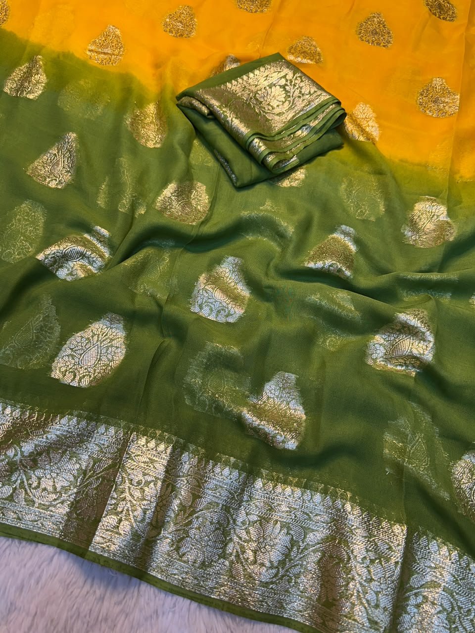 Viscose Georgette Saree With Zari Work for Karwachauth 6 A beautiful collection of Viscose Georgette sarees featuring vibrant colours and traditional gold Zari work borders.