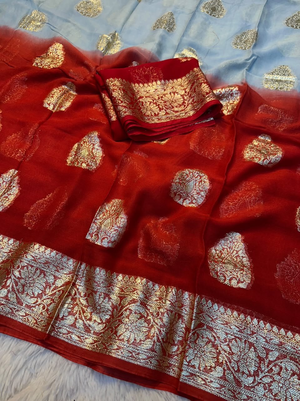 Viscose Georgette Saree With Zari Work for Karwachauth 7 A beautiful collection of Viscose Georgette sarees featuring vibrant colours and traditional gold Zari work borders.