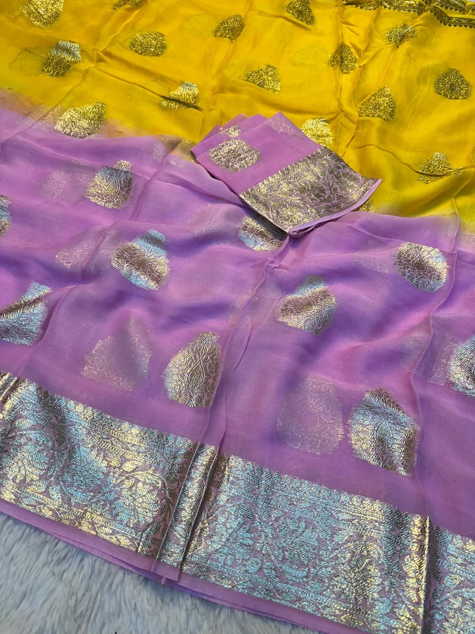 Viscose Georgette Saree With Zari Work for Karwachauth 8 A beautiful collection of Viscose Georgette sarees featuring vibrant colours and traditional gold Zari work borders.