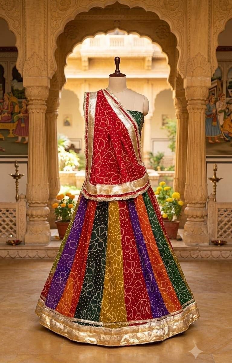 A multi-colored Bandhani lehenga with a red dupatta and heavy gota patti border displayed on a mannequin in a traditional architectural setting.