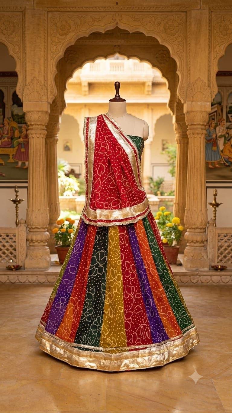 Royal Georgette Bandhani Lehenga with Gota Patti Work 1 A multi-colored Bandhani lehenga with a red dupatta and heavy gota patti border displayed on a mannequin in a traditional architectural setting.