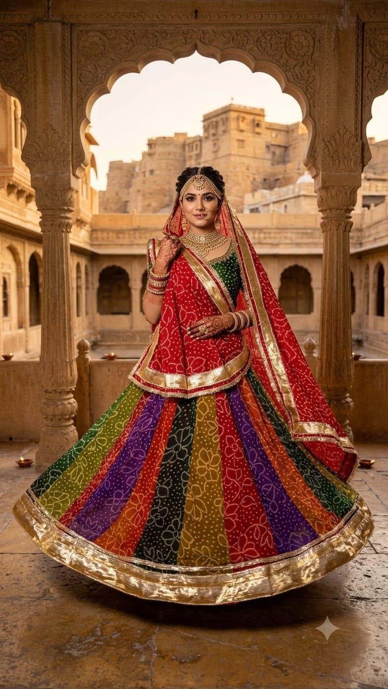 Royal Georgette Bandhani Lehenga with Gota Patti Work 2 A multi-colored Bandhani lehenga with a red dupatta and heavy gota patti border displayed on a mannequin in a traditional architectural setting.
